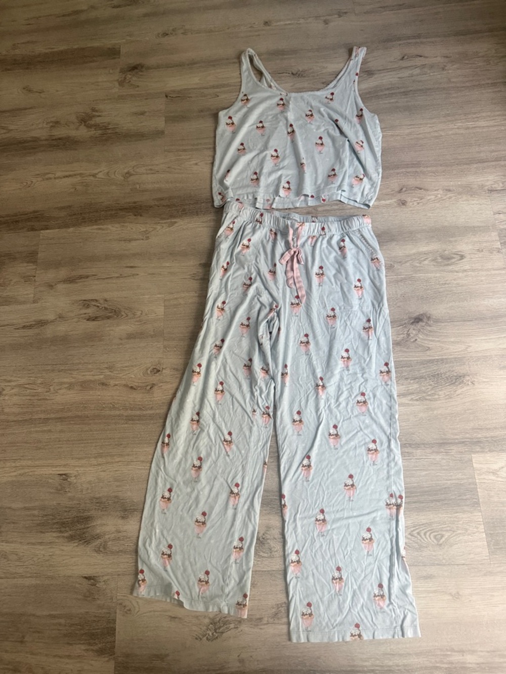 PJ Salvage Light Blue Tank & Wide-Leg Pajama Set with Pink Drawstring